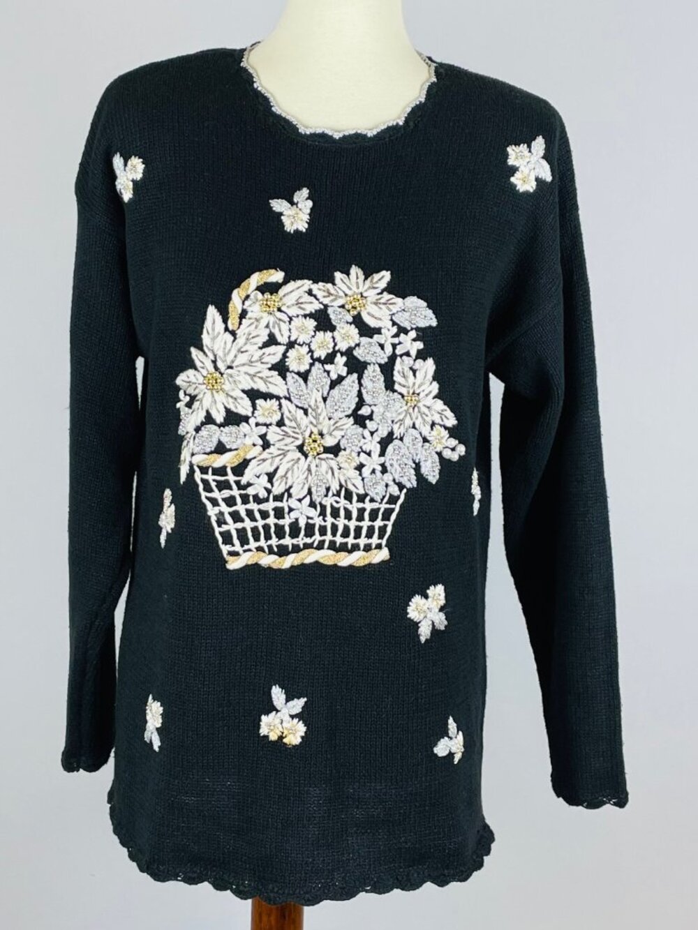 Vtg Y2K Kathie Lee Christmas Sweater Sz S Gold Silver Poinsettia Embellished